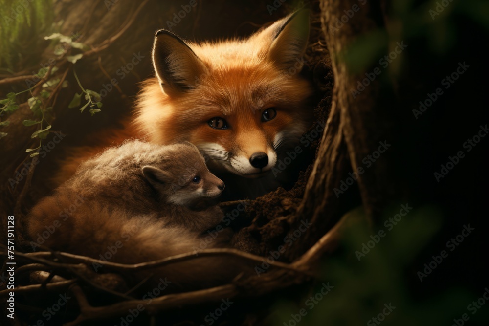 A baby fox snuggling up against its mother in a forest A baby fox snuggling up against its mother in a forest