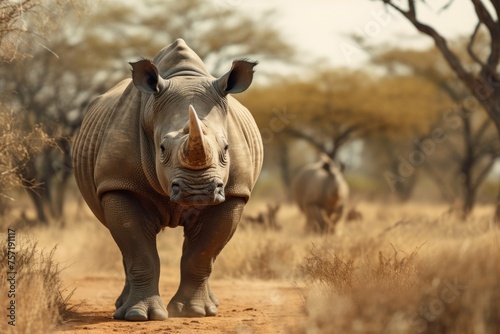 A rhinoceros walking in the wild  with its horn visible in the background