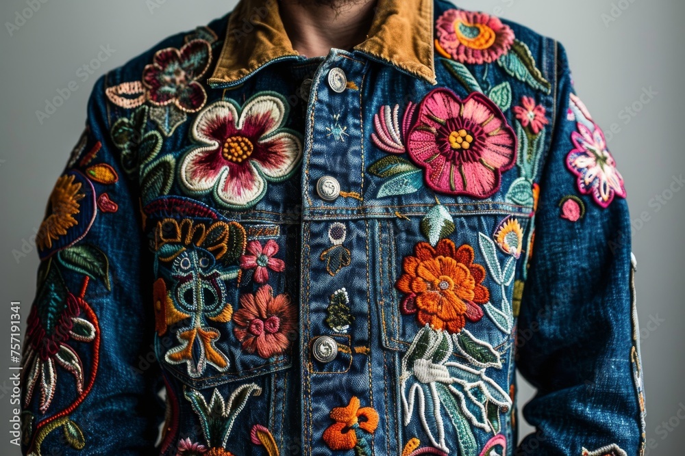 Close-up of a denim jacket with exquisite floral embroidery Close-up of a denim jacket with exquisite floral embroidery