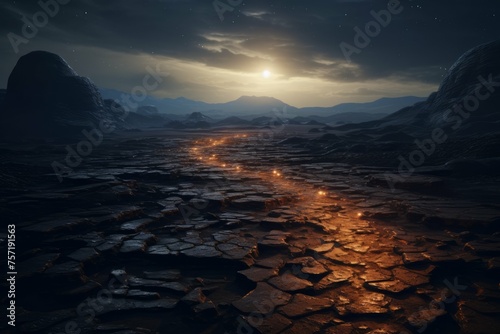 A desolate, yet futuristic landscape with a winding, illuminated path through a rocky terrain and a distant, star-filled sky in the background