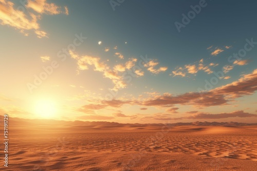 A desolate desert, the sky is a deep yellow, the horizon is flat and empty, the sun is setting in the distance