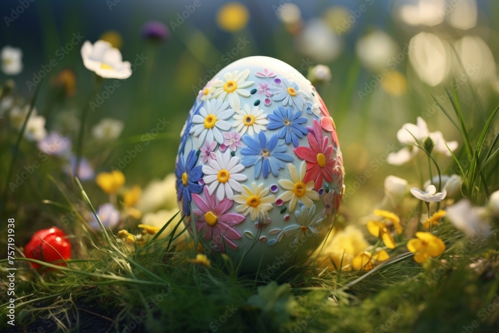 A close up of a colorful Easter egg adorned with a pattern of pastel spring flowers, resting on a bed of green grass and colorful wildflowers A close up of a colorful Easter egg adorned with a pattern of pastel spring flowers, resting on a bed of green grass and colorful wildflowers