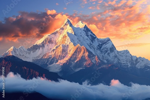 A stunning mountain range is obscured by a thick layer of clouds, contrasting against a vibrant and colorful sky, Majestic snow-capped mountain peaks against a sunrise backdrop, AI Generated © Ifti Digital