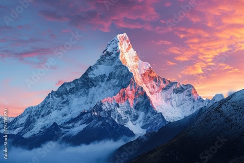 A stunning mountain peak stands tall against a vibrant pink sky  creating a breathtaking scene  Majestic snow-capped mountain peaks against a sunrise backdrop  AI Generated