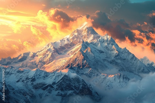 A vast mountain covered in a thick layer of snow stands tall under a grey, cloudy sky, Majestic snow-capped mountain peaks against a sunrise backdrop, AI Generated