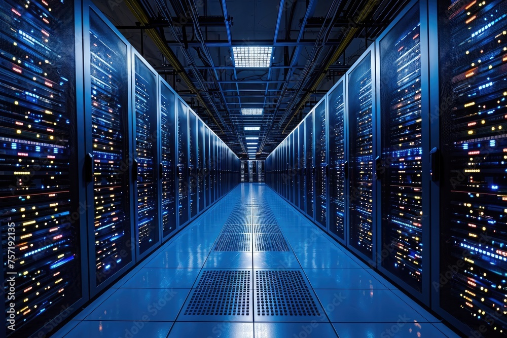 A photo showcasing neatly arranged rows of servers in a high-tech data center, Massive server room with endless racks, AI Generated A photo showcasing neatly arranged rows of servers in a high-tech data center, Massive server room with endless racks, AI Generated