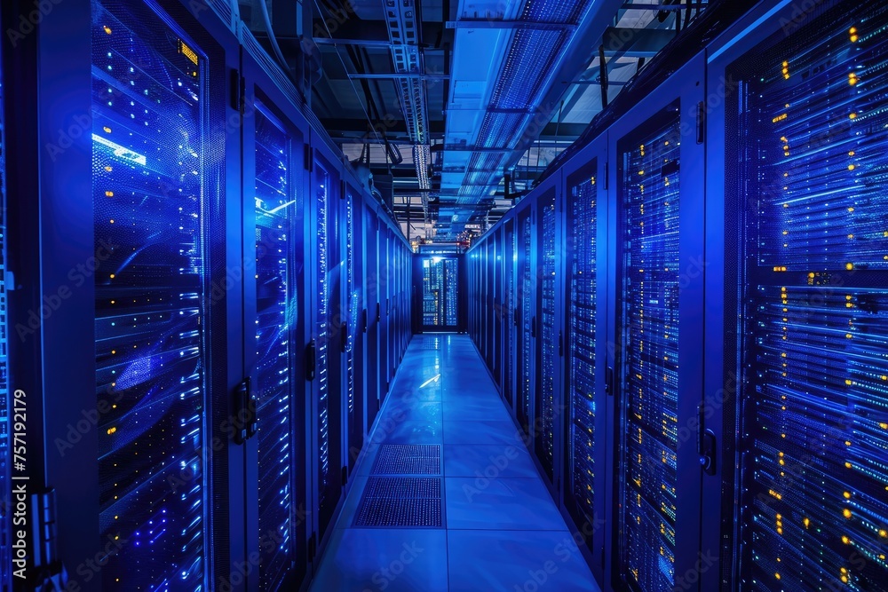 Rows of servers neatly organized in a large data center, with blinking lights and cables indicating active data processing, Massive server room with endless racks, AI Generated Rows of servers neatly organized in a large data center, with blinking lights and cables indicating active data processing, Massive server room with endless racks, AI Generated