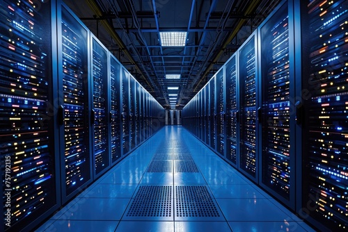 A photo showcasing neatly arranged rows of servers in a high-tech data center, Massive server room with endless racks, AI Generated