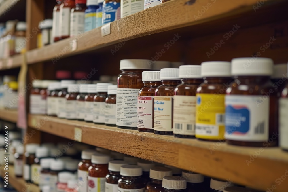 A photo capturing a shelf stacked with a diverse array of medicinal products, Medicine bottles on a pharmacy shelf, AI Generated