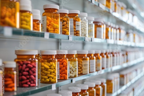 A diverse collection of pills, ranging from different colors, shapes, and sizes, neatly arranged on a shelf, Medicine bottles on a pharmacy shelf, AI Generated