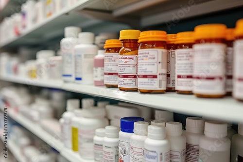 A pharmacy shelf displaying a wide variety of medicine bottles neatly arranged in rows, Medicine bottles on a pharmacy shelf, AI Generated