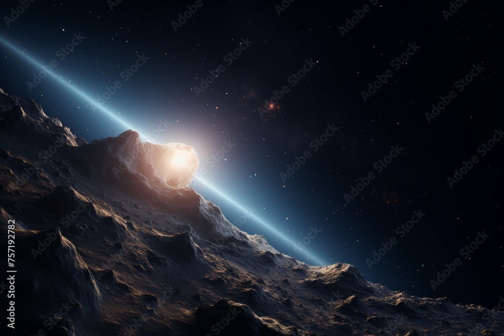 A shot of a distant star, its light reflecting off of a nearby asteroid