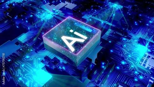 CPU activates futuristic AI animation, technology background with glowing lines