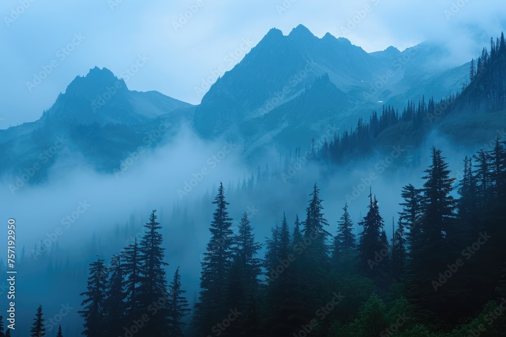 A fog-enshrouded mountain range covered in verdant trees creates a mysterious and captivating scene, Mist-shrouded mountains standing tall in the early morning, AI Generated