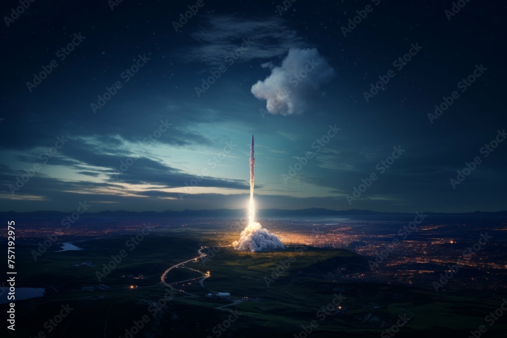 A shot of a rocket launching from Earth with a beautiful view of the night sky