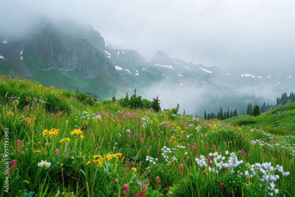 An expanse of vibrant flowers covers a lush green hillside, creating a stunning and colorful landscape, Misty mountain pass with patches of wildflowers, AI Generated