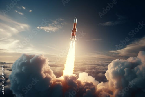 A shot of a rocket launching into space, with a bright trail of fire and smoke in its wake