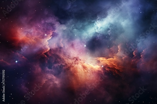 A close-up shot of a colorful nebula  with stars and gas clouds shining brightly in the background