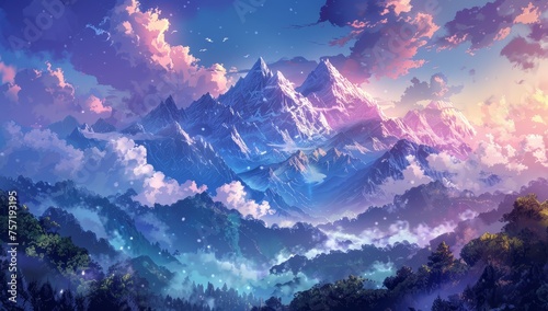 A panoramic view of the snowcapped mountains, with dark blue and purple hues in the sky, surrounded by dense forests