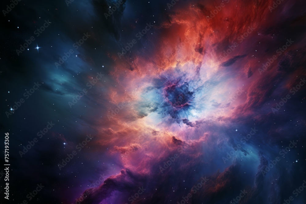 A view of a distant star with a bright, colorful nebula in the background A view of a distant star with a bright, colorful nebula in the background