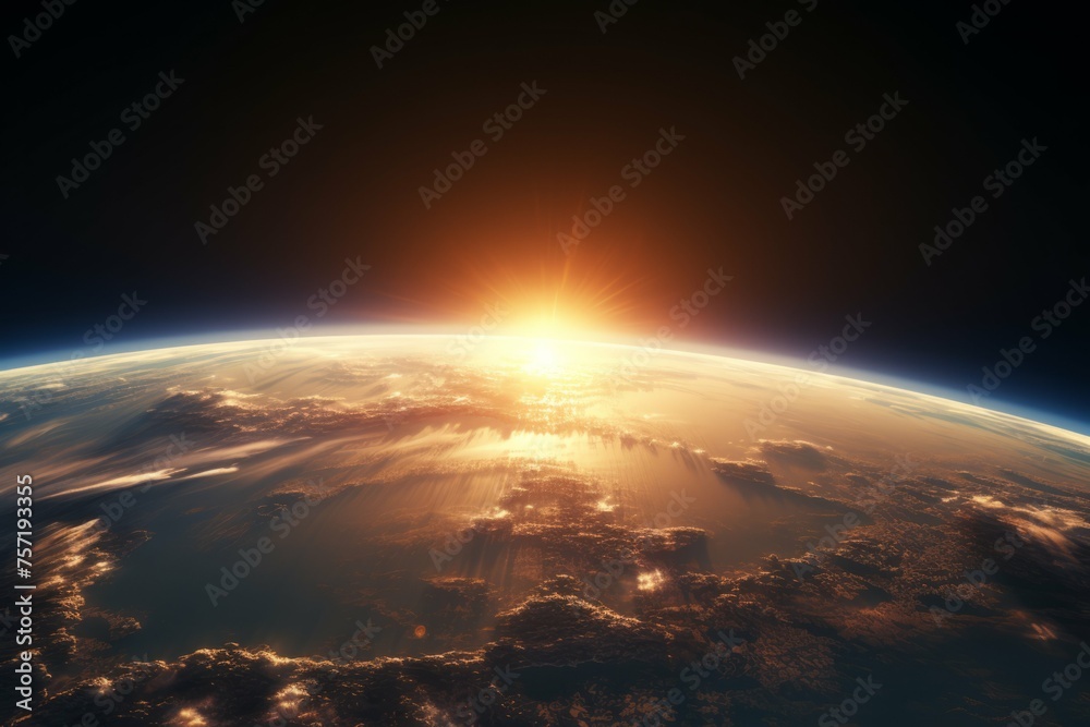 A view of the Earth from space, with the sun in the background
