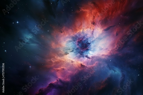 A view of a distant star with a bright, colorful nebula in the background