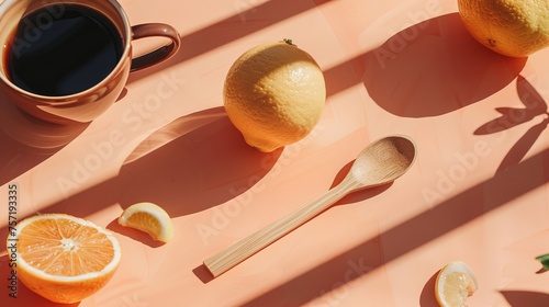 A cup of coffee sits next to sliced oranges and a spoon on a table