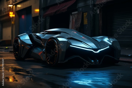A futuristic vehicle, with sleek lines and a glowing, neon-blue paint job, parked in a dark alley
