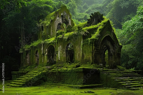 A building covered in moss stands prominently amidst the dense foliage of a forest, blending perfectly with its natural surroundings, Moss-covered ruins in a verdant rainforest, AI Generated