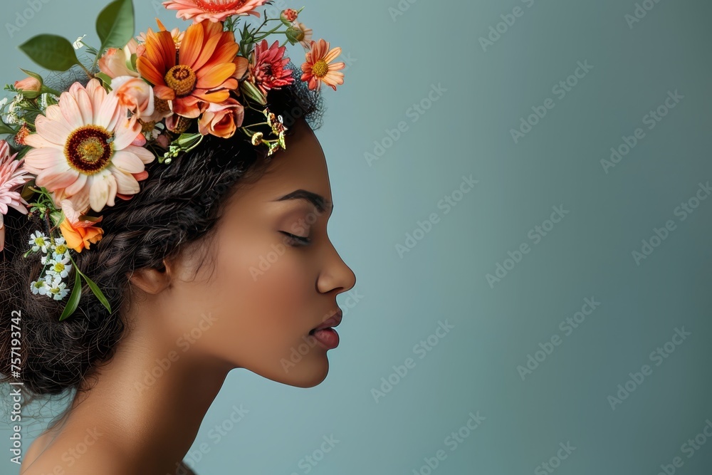 A portrait of an Indian woman with flowers in her hair, side view, against a light background