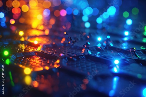 A detailed view of a computer keyboard with vivid lights illuminating the keys, Nanostructured materials interacting with light, AI Generated
