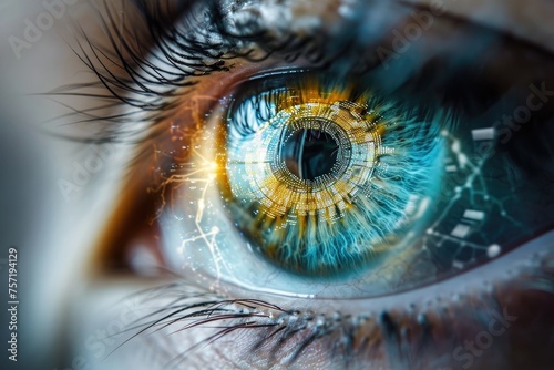 A detailed image featuring a close up of a persons blue eye, showcasing its unique color and intricate details, Neural implants providing a way to restore vision, AI Generated