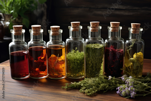 Herbal medicine concept. Dry natural ingredients and remedy bottle on the wooden table background. Witchcraft.