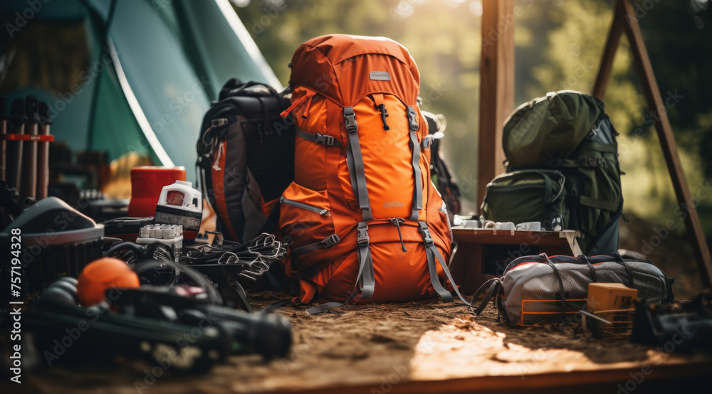 Fototapeta premium Camping backpack, elements and equipment in a forest lawn.