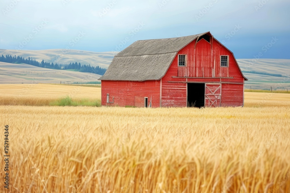 A red barn stands prominently in a vast wheat field, with majestic mountains serving as a breathtaking backdrop, Old red barn in a field of tall golden wheat, AI Generated A red barn stands prominently in a vast wheat field, with majestic mountains serving as a breathtaking backdrop, Old red barn in a field of tall golden wheat, AI Generated