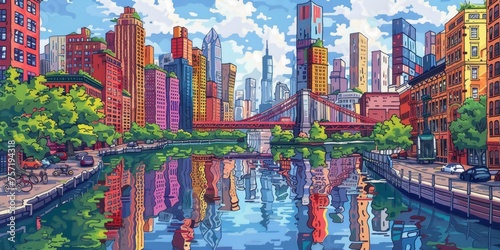 A vibrant and colorful cityscape with tall buildings, bridges over waterways, reflections on the ground, trees along paths, bicycles parked near streets