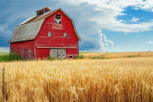 A red barn stands prominently in a vast wheat field as a cloudy sky sets a dramatic backdrop, Old red barn in a field of tall golden wheat, AI Generated