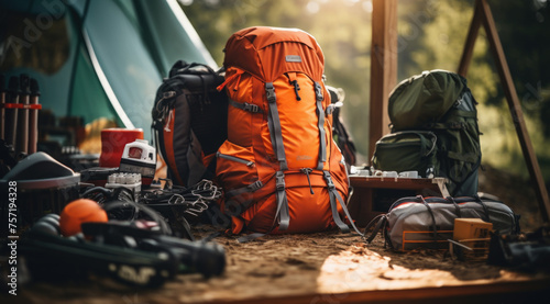 Camping backpack, elements and equipment in a forest lawn.