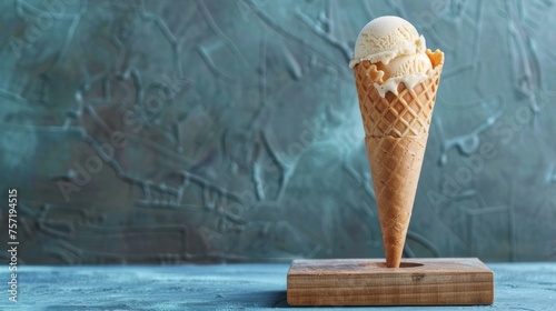 An ice cream cone rests delicately on a weathered wooden block, awaiting its moment of indulgence