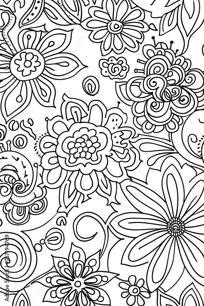 Beautiful detailed floral patterns with various blooms and leaves ideal for coloring and craft projects