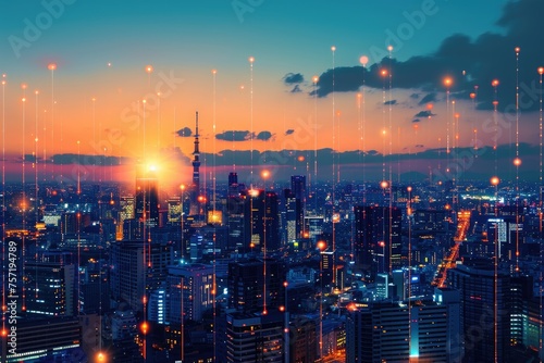 A stunning cityscape at night  filled with an abundance of vibrant lights that create a dazzling spectacle in the sky  Panorama of a smart city with IoT connections  AI Generated