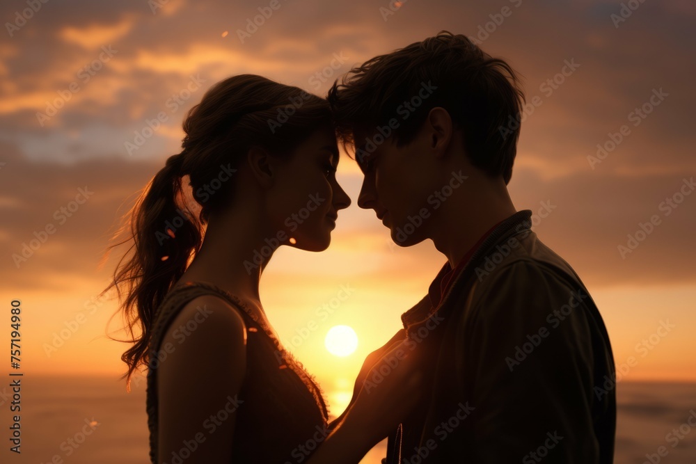 A closeup of a couple sharing a romantic kiss with a beautiful sunset sky in the background