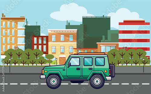 Vector Jeep illustration on a city road