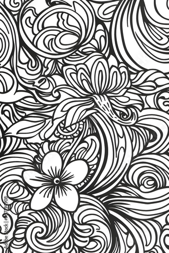 A sophisticated black and white pattern with stylized flowers and elegant swirls, suitable for various design projects