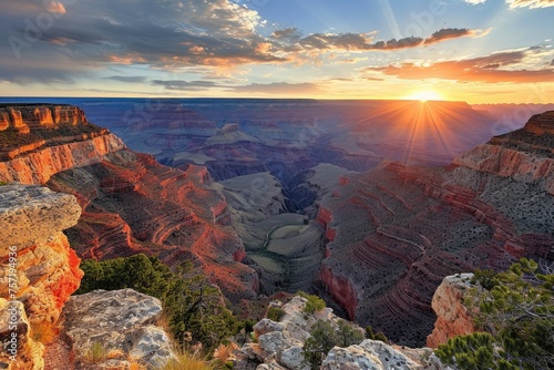 The sun is setting over the majestic Grand Canyon, casting a golden glow on the towering cliffs and deep crevices, Panoramic view of the Grand Canyon at sunrise, AI Generated