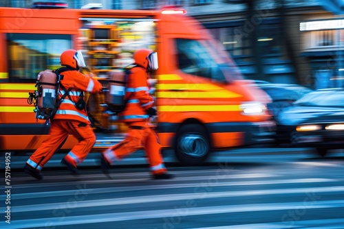 A group of emergency personnel, including firefighters, police officers, and paramedics, walking in unison as they cross the street together, Paramedics rushing to an emergency, AI Generated