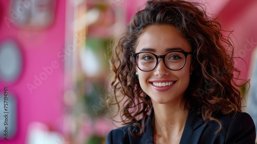 Young professional woman with curly hair and glasses smiling warmly, wearing a blazer in a business setting