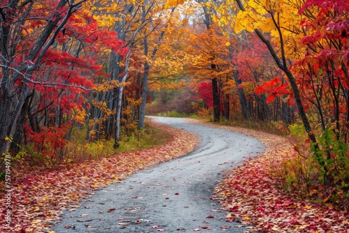 A picturesque dirt road lined with trees and covered with fallen leaves, creating a serene autumn scene, Path cutting through colorful autumn foliage, AI Generated