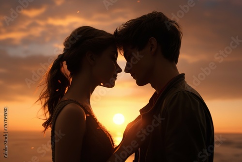 A closeup of a couple sharing a romantic kiss with a beautiful sunset sky in the background