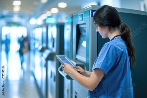 A woman stands in front of a vending machine  choosing a product to purchase  Patient interacting with a medical information kiosk  AI Generated